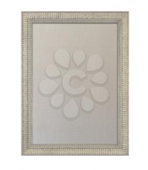 Cloth based pinboard or notice board inside a beige painted ornate picture frame isolated against white background