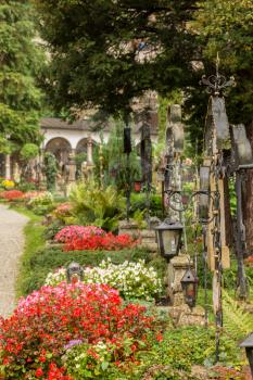 Petersfriedhof Cemetery and catacombs at St Peters Abbey catholic church in Salzburg, Austria