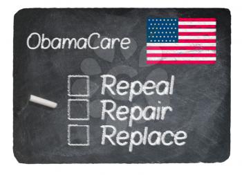 Obamacare health plan choice of repair written in chalk on a chalky natural slate blackboard isolated against white background
