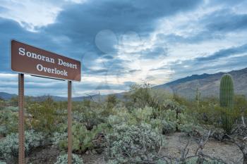 Sonoran Desert Overlook sign in Saguaro National Park East near Tucson Arizona