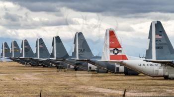 Tails of many grounded and retired air force planes in the Boneyard near Tucson Arizona