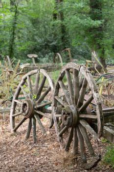 Pair of old wooden cartwheels against a ruined wood cart or buggy in farm forest