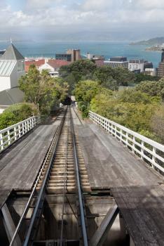 Famous cable car tracks on hillside above the city of Wellington in New Zealand