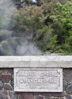 Wall and sign of Rachel Spring in Government Park in Rotorua on the North Island of New Zealand