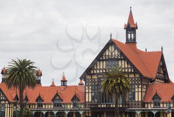 Half timbered Elizabethan mansion housing Rotorua Museum on the North Island of New Zealand