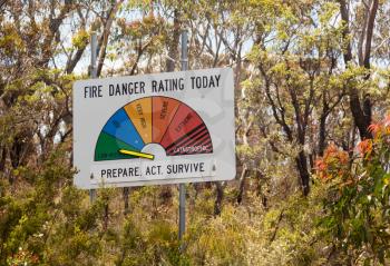 Fire Danger warning sign in Blue Mountains of Australia set to Low or Moderate on the alert scale