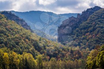 Panorama of the rocky mountain top of Seneca Rocks in West Virginia