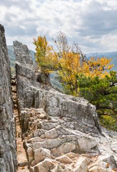 Summit of the rocky granite mountain top of Seneca Rocks in West Virginia