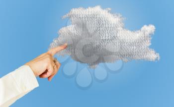 Concept image for cloud computing and online applications showing bits inside web services platform and a female hand pointing to the cloud