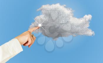 Concept image for cloud computing and online applications showing bits inside web services platform and a female hand pointing to the cloud