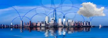 Panorama of lower Manhattan of New York City with cloud computing illustration of network connectivity between offices and the internet