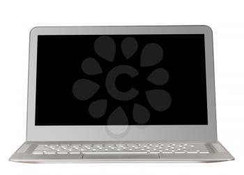 Isolated cut out of modern thin profile metal laptop against white background