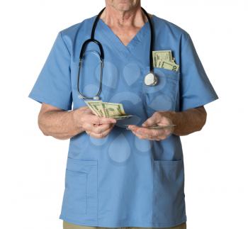 Senior caucasian doctor in scrubs counting cash and expecting payment for medical services and isolated against white background