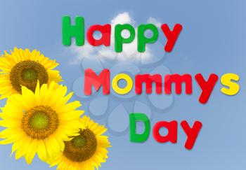 Happy Mother's Day blue background image with yellow sunflowers and magnetic childs letters as though made by children