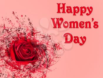Happy Women's Day or International Womens Day celebrated on March 8th. Pink background image with red rose and abstract pattern