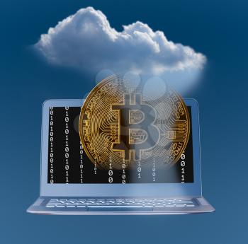 Concept image for cloud computing and mobile money services using bitcoin and blockchain applications on laptop