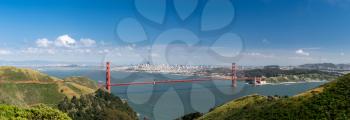 High resolution stitched panorama of the Golden Gate Bridge and San Francisco taken from Marin Headlands on clear spring day