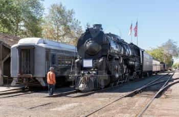 SACRAMENTO, CALIFORNIA - APRIL 23: Santa Fe design locomotive 5021 in California State Railroad Museum on April 23, 2017. The locomotive was built in 1944.