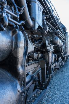 Detail of the black painted locomotive engine known as Santa Fe 5021 at California State Railroad Museum in Sacramento