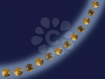 Set of gold bitcoins linked by chain on blue background to illustrate concept of blockchain for supply chain management