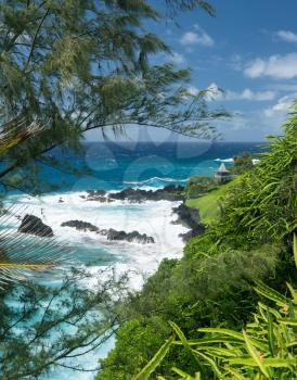 Gazebo viewpoint overlooks coast by St Peters Church near Hana on Hawaiian island of Maui