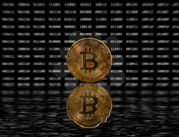 Single gold bitcoin icon superimposed on zooming out black digital bit background. Reflection as though it is emerging from water or sinking underwater