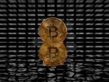Single gold bitcoin icon superimposed on zooming out black digital bit background