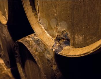 Leakage of sherry from casks or barrels along wall of winery for aging sherry or port