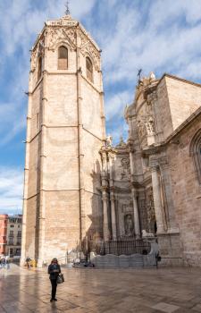VALENCIA, SPAIN - MARCH 16, 2018: Entrance to the Cathedral in old city of Valencia in Spain