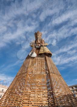 VALENCIA, SPAIN - MARCH 16, 2018: Statue of Mary and Jesus created in old city of Valencia during the Fallas Festival in March