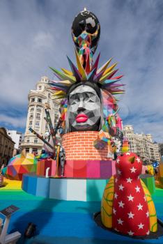 VALENCIA, SPAIN - MARCH 16, 2018: Complex statues known as Ninots by City Hall of Valencia during the Fallas Festival in March