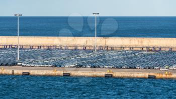 VALENCIA, SPAIN - MARCH 16, 2018: Many cars ready for export in Valencia Port in Spain