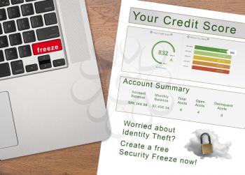 Laptop with Freeze on the red key by credit score report as concept for new law allowing free credit freezes with agencies