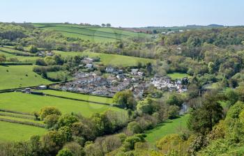 View down into the valley and village of Taddiport near Torrington in Devon
