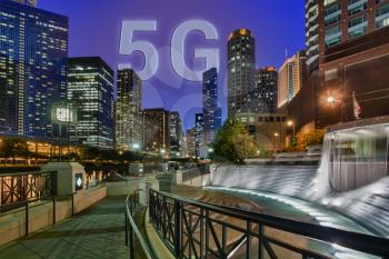 Riverwalk of Chicago with 5G technology being deployed across the city to give fast broadband internet