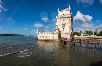 High definition panorama of the Tower of Belem on the Tagus river near Lisbon Portugal
