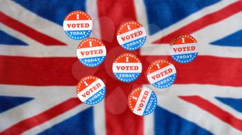 Multiple I Voted Today stickers with many having been used for voters in the British elections with UK flag