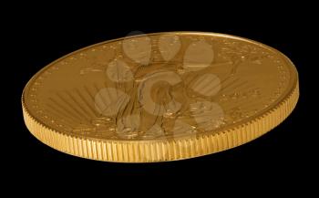 Isolated view of the side of a one ounce gold eagle coin minted in the USA