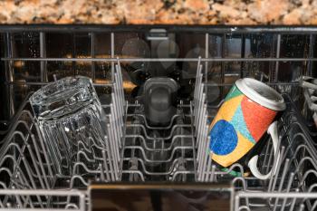 Cup and clear glass remain in dishwasher after a clean and rinse