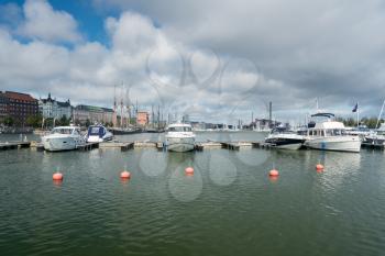 Large luxury power boats and cruisers in the harbor in Helsinki, Finland