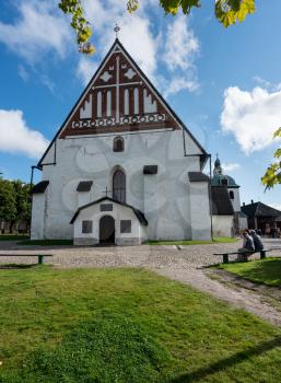 White stone walls of cathedral church in ancient town of Porvoo in Finland