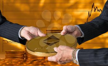 Hands of three financial traders gripping ether or ethereum against a background of rising prices for the currency