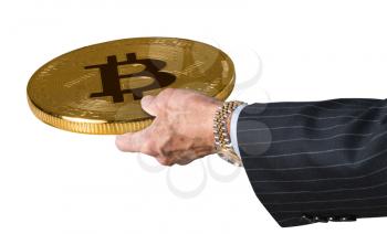 Businessman or finance executive in suit offering bitcoin to buy or purchase something isolated against white