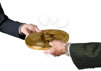 Hands of two financial traders gripping bitcoin in illustration of blockchain isolated against a white background