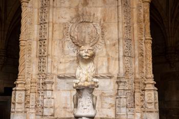 Detail of the magnificent carvings of a lion in the Monastery of Jeronimos in Belem