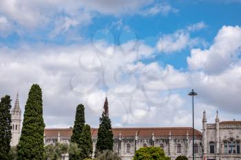 Wide panorama of the roof and walls of the Monastery of Jeronimos in Belem