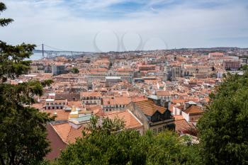 Panorama of the skyline of Lisbon over the rooftops of the old town from the castle