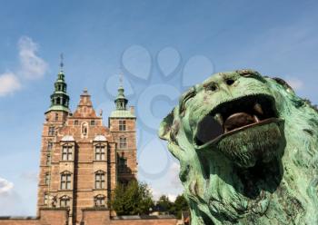 Bronze lion guarding Rosenborg Castle in Copenhagen, Denmark