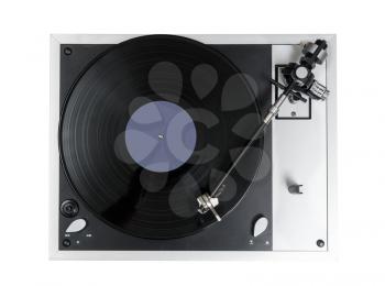 Aerial view top down onto a playing vinyl record on vintage hi-fi stereo turntable isolated against white background