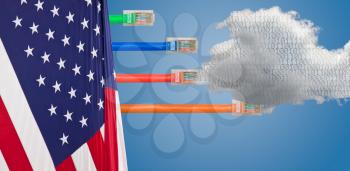 Ethernet cables emerge with different lengths from US Flag to illustrate Net Neutrality debate in Congress